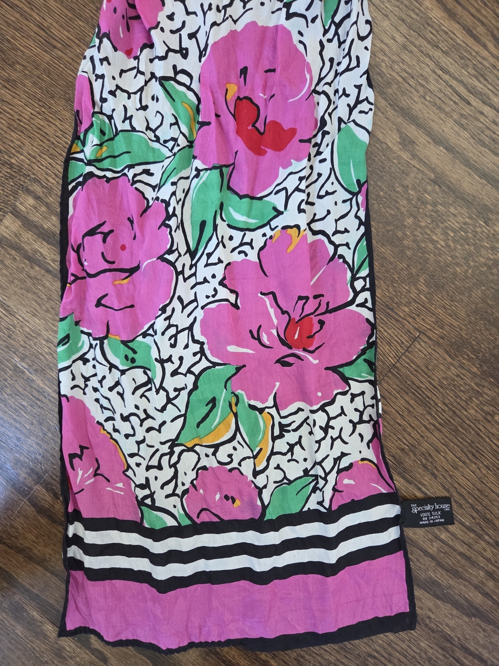 Bright Pink Floral SILK Scarf with Green Leaves And Black And White Stripe